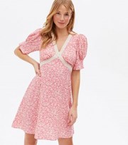 New Look Pink Ditsy Floral Lace Trim Tea Dress